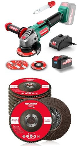 HYCHIKA Winkelschleifer, 18V Akku-Winkelschleifer 8500 U/min mit 3 Schleifscheiben, 4,0-Ah-Akku, Hilfsgriff mit 3 Positionen + Fächerschleifscheiben Fächerscheiben Set 10 St, 115 x 22,23 mm