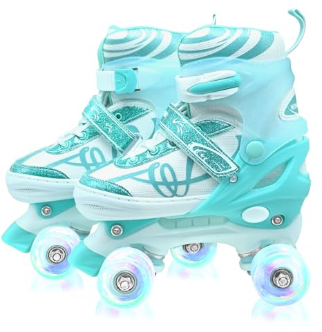 Roller Skates for Kids, Adjustable Quad Skates for Girls and Boys Ages 12-14 with Light Up Wheels, Children Beginners Rollerskates Size 5 6 7 8 Green for Indoor Outdoor