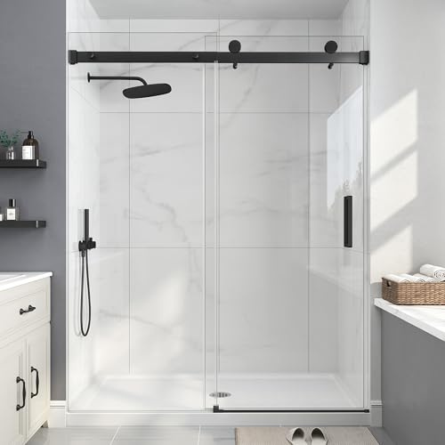 EASYWORC Frameless Shower Door, 55-60 W x 76 H Sliding Glass Shower Door, 1/4''(6mm) SGCC Tempered Glass with Explosion-Proof Film Nano Coating in Matte Black Finish