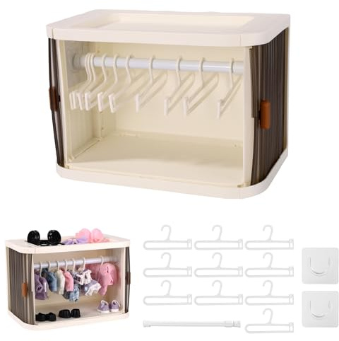 Faltbare Puppen Kleiderschrank Aufbewahrungsbox, Puppenkleider Organizer Stapelbarer Puppenhaus Schrank Schrank mit 10 Kleiderbügeln & Stange für 15/17cm Puppen Outfits Zubehör Anzeige Regal
