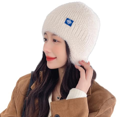 Huakunda Damvintermössa, varm stickad mössa med öronlappar, lätt beanie, mössa, andas, sportmössa för kallt väder, Beige, one size