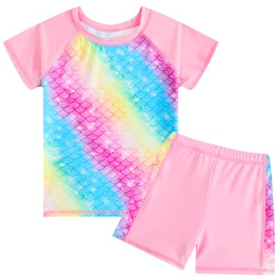 DivingBirds Girls Swimming Costume, Two Piece Girls Swimsuit UV Sun Protection Kids Short Sleeve Swimwear Summer Beach Bathing Suit 4-5 Years