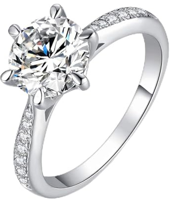JewelryPalace Damring med 2 ct rundskuren moissanit, 14K vitguldpläterade förlovningsringar, simulerad diamant löftesringar 13