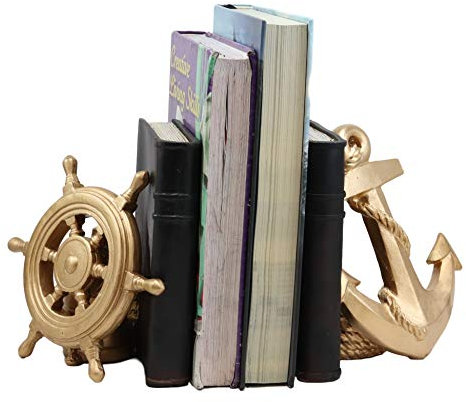 Ebros Nautical Coastal Marine Home Decor Ship Anchor and Captain's Helm Wheel Bookends Pair Set Statue 7.5 Tall in Gold Finish Decorative Office Study-Room Library Desktop Figurines