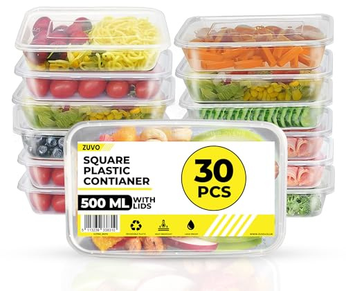 Zuvo Clear Plastic Food Takeaway Containers 30 Pack, BPA Free Fridge Organisers Heavy Duty Plastic Containers with Airtight Lids, Reusable Meal Prep Stackable Lunch Boxes | Microwave Freezer - 500 ML