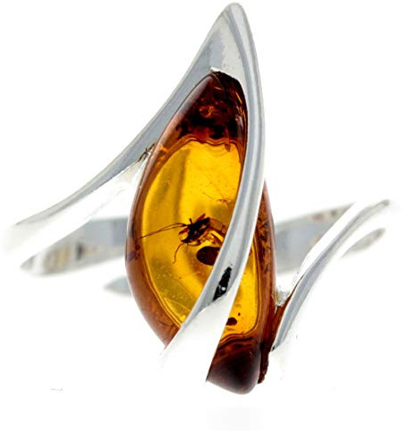 Bague moderne en argent sterling et véritable ambre de la Baltique - GL402, Adjustable, Ambre