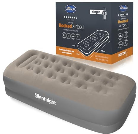 Silentnight Air Bed Single with Built in Pump - High Rise Flocked Non Slip Electric Airbed Comfortable Full Body Support Air Mattress for Guests, Camping, Caravans - Grey – Single