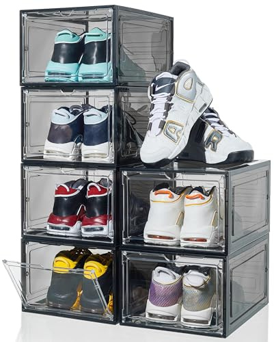 ZLLZUU Shoe Shoe Storage Boxes, 6 Pack Stackable Shoes Organizer Black