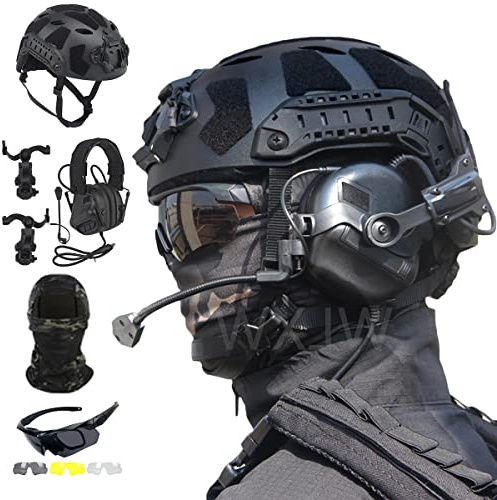 WLXW Conjunto de Casco táctico de protección Completa Fast SF, con Auriculares Airsoft y Gafas de Tres Lentes y máscara táctica, para Paintball Wargame Military Set,Negro