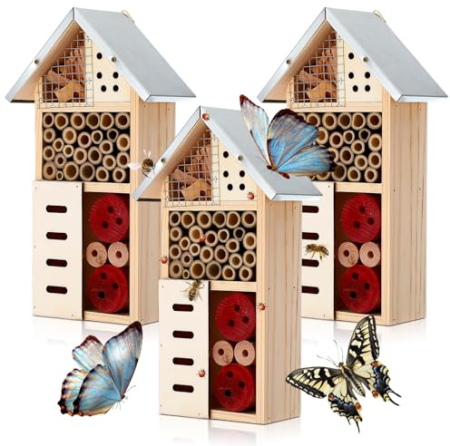 3 Pcs Wood Hanging Insect Hotel Natural Wooden Insect House Bee Butterfly House Bug Hotel for Outdoor Garden Bee Box Ladybirds Butterfly Ladybugs Lacewings Live Habitat, 10 x 6 x 2.8 Inch