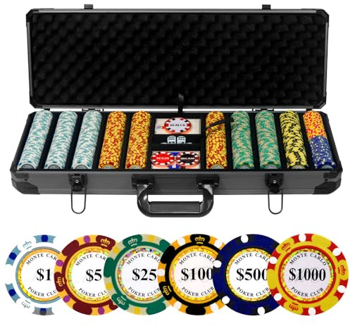 JIESITE 14g Clay Poker Chips Set, 500 Poker Chips, 39mm, with High-end Aluminum Carrying Case/2 Decks of Plastic Playing Cards/Dealer Button, for Poker Games, Blackjack, Texas Hold'em