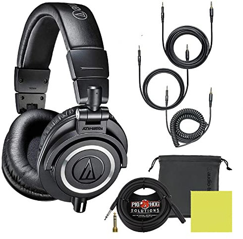 Audio Technica ATH-M50X - Auriculares profesionales para monitor de estudio, color negro, con cable de extensión de 25 pies y paño de pulido líquido con cable desmontable