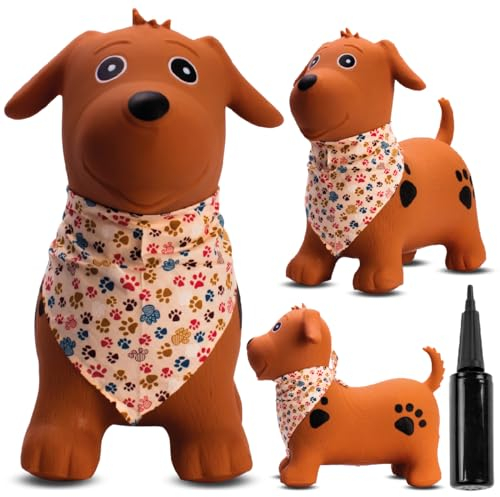 sun baby Hüpftiere ab 1 Jahr mit Pumpe aufblasbares Hüpfspielzeug aus Hochwertigem und Strapazierfähigem Gummi, Verschiedene Designs (Brauner Hund mit Bandana)