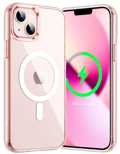 JETech Cover Magnetica per iPhone 13 mini 5,4 Pollici Compatibile con MagSafe Ricarica Wireless, Telefono Custodia Antiurto, Retro Antigraffio Trasparente (Rosa)