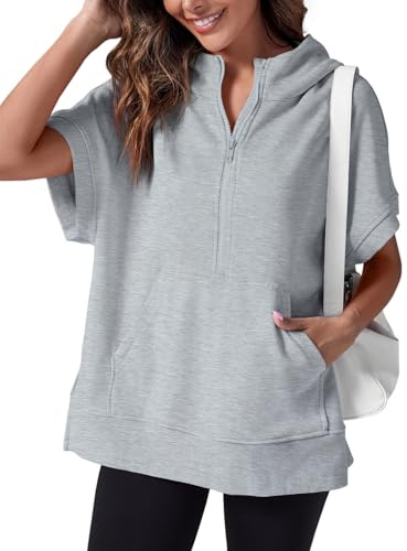 Fisoew Felpe da donna oversize con mezza zip a maniche corte casual felpe pullover top con tasche, Grigio chiaro, Medium