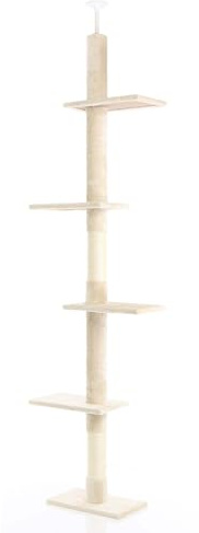 Fudajo Kratzbaum deckenhoch 230–276 cm in Beige, Katzenkratzbaum mit 4 Ebenen, Katzenbaum Deckenspanner höhenverstellbar, Katzenmöbel mit Sisal