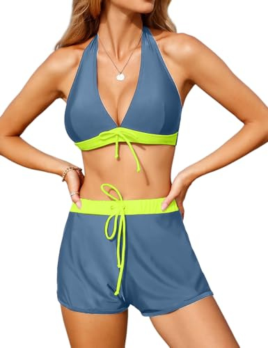 Vancavoo Costume da Bagno 2 Pezzi Donna Push Up Bikini Set Costumi da Mare Due Pezzi con Pantaloncini da Bagno Spiaggia Swimsuit Beachwear Estate,Grigio-Verde,S