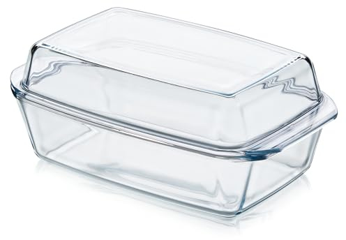KHG Auflaufformen aus Glas mit Deckel 3 Liter Rechteckig für kalte & warme Speisen, spülmaschinenfest, mikrowellengeeignet, Glasbräter Glasform Backform, 35x13x21 cm