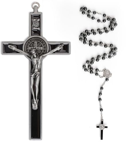 WANDIC 1 crocifisso nero da 19,1 cm, 1 collana con croce, croce cristiana da appendere alla parete con croce religiosa di Gesù, regalo cattivo per la casa e pregare
