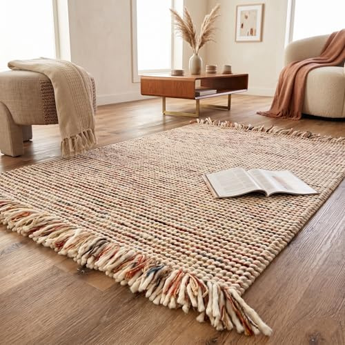 Rita Rugs Home Cara, 100% New Zealand Wool, Exquisite, Unique and Chunky Hand Woven Woollen Area Rug for Bedroom, Living Room, Boho, Farmhouse, Modern, Multi, 60 x 90 cm, 2ft x 3ft