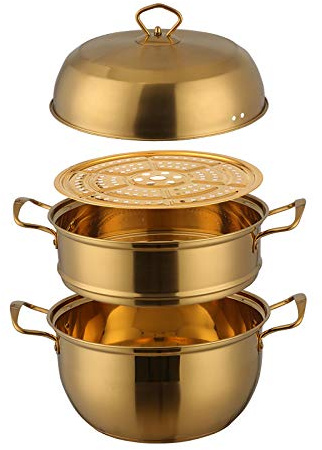 Stainless Steel Steamer Pot，Kitchen Steamer Cookware with Lids Double Boiler，with Steamer Insert and Steamer Rack Steaming Pot，Sauce Pot，Stock Pot, Dishwasher Safe (Gold)