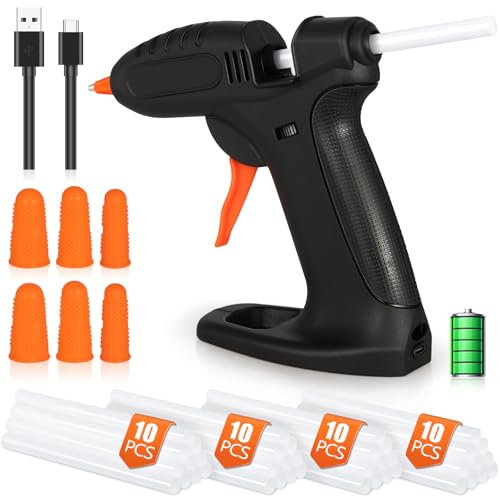 BBLTIFF Pistola Silicona Caliente, Pistola de Silicona con 40pcs Pegamento en Barra, 6 Fundas de Silicona para Los Dedos, Cable de Carga USB, Pistola Pegamento para Manualidades y Reparaciones Rápidas
