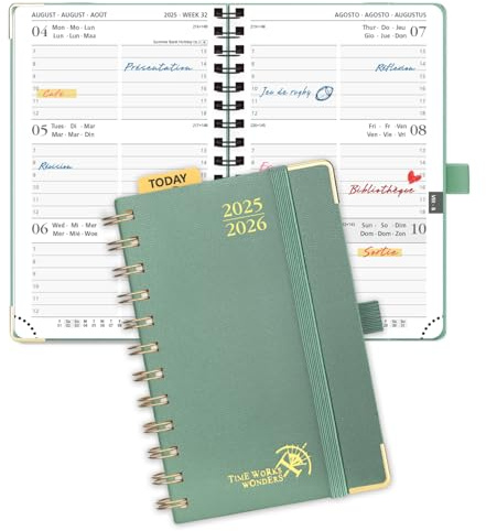 POPRUN Agenda Settimanale 2025 2026 Tascabile 16 x 10,5 cm, Weekly Planner A6 17 Mesi da Ago.2025 a Dic.2026, Copertina Rigida con Carta Spessa da 80 GSM, Verde Mezzanotte