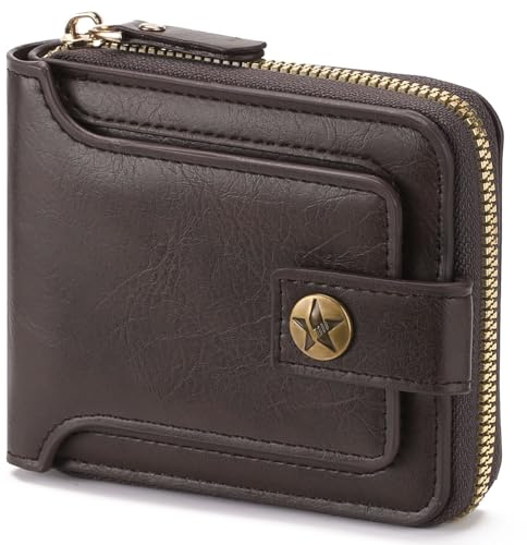 LOUEBICA Geldbörsen für Herren, Ledergeldbörse für Herren mit Ausweisfenster und Mehreren Kartenfächern Klein mit RFID Schutz，12 Kreditkartenetui, 2 Banknotenfächern, 1 Reißverschluss-Münzfach