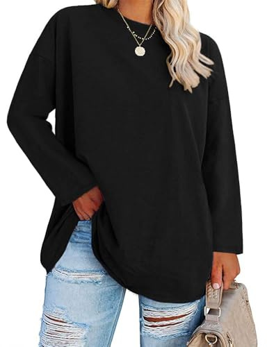 Fisoew Grandi Taglie a Maniche Lunghe da Donna, Oversize, Taglie Forti, Scollo Rotondo, Maglione Basic a Tunica., Nero, XXL Plus