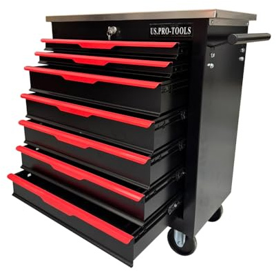 U.S. PRO-TOOLS Rolling Tool Cabinet, 7-Drawer Storage Chest, Black and Red with Stainless Steel Top