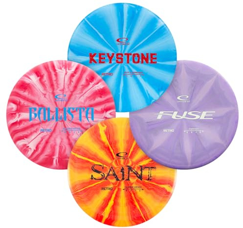 Latitude 64 Retro Burst Disc Golf Starter Set (4-Pack) - Disc Golf Discs Set for New to Intermediate Players | Includes Keystone, Fuse, Saint, Ballista | Grippy Base Plastic | Colors Vary