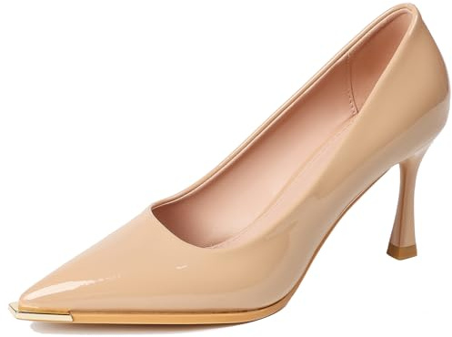 Qynthra Zapatos de Tacón Mujer Cuero Patentado Punta Afilada Calzado Corte Diseño Tacón Stiletto Alto Tacones Ancho Amplio Ajuste Cómodo Trabajo Oficina y Banquete Noche,Nude 5cm,39 EU