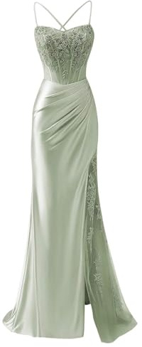 KIYNE Abito da sera da donna, a sirena, con spalline sottili, in raso, con spacco, da ballo, a corsetto, abito da sera lungo e formale, Verde salvia, 40