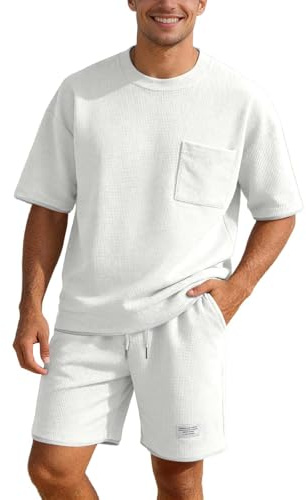 Genérico 2026 Waffle Conjunto Verano Hombre Ropa de 2 Piezas Playa Camisetas Manga Corta y Pantalones Cortos Casual Transpirable Fresco Suave Blanco L