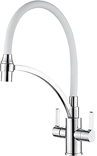 Ibergrif M22142-3 Grifo de Cocina con Manguera de Silicona, Fregadero de Mezclador, Giratoria de 360 Grados, Blanco