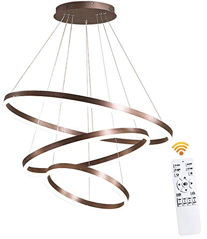 Lichtsse Suspension LED 85W, 5950LM Lustre Réglable en Hauteur, Lampe de Salon à 3 Anneaux Moderne, Plafonnier pour Cuisine, Restaurant (40+60+80cm), Marron