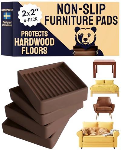 CasterMaster Non Slip Furniture Pads - 2 in x 2 in Brown 4 Pack - Chair Leg Floor Protectors & Furniture Sliders for Hardwood, Vinyl & Tile Floors - Bed Stoppers