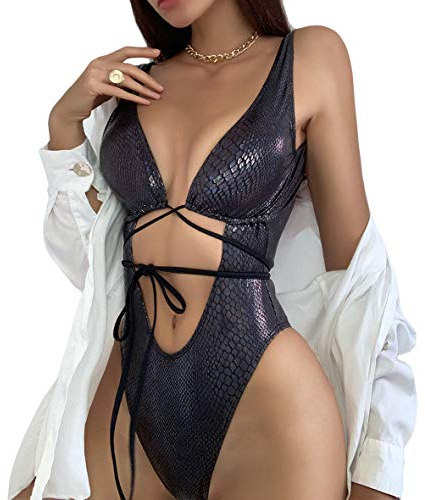 Newfancy Womens Rave Wear One Piece Bodysuit Snakeskin Print Sexy Mentalic Halter Swimsuit for Festival Dance Rave Clothing, Shiny Metalic Black