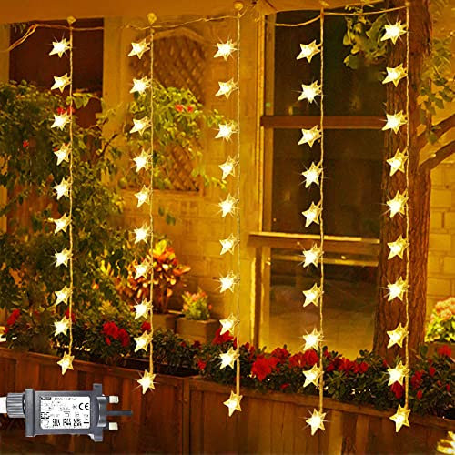 Star Curtain Lights Mains Powered 1m x 1m 50 LED Christmas Fairy Lights Plug in Outdoor String Lights Waterproof & 8 Modes for Windows Bedroom Party Indoor Outside Decorations (Warm White)