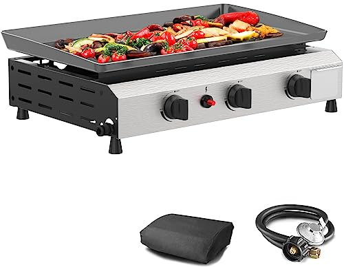 SKOK Plancha à gaz à 3 brûleurs - 58 cm - Pour extérieur au propane - 30 000 BTU - Portable - Avec étagères latérales - Pour cuisine, barbecue en plein air, camping
