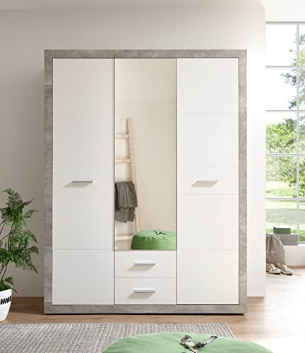 AVANTI TRENDSTORE - Tonino - armadio elegante molto spazioso con specchio, multiuso e moderno con ante battenti in grigio cemento e bianco. Dimensioni LxAxP ca. 151x198x55 cm