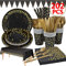 202pcs Eco-Friendly Gold & Black Party Paper Plates and Cutlery Napkins Cups Tablecloth Banner Supplies Set, Tableware Dinnerware Dining Sets for Wedding Birthday Anniversary Graduation Decorations