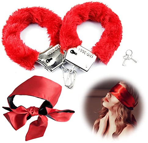Fluffy Handcuffs, Metal Handcuff with 2 Keys, Sleep Eye Mask Play,Cosplay Costume Props for Cosplay,Valentine's Gift Handcuffs Prop Dress Ball Party (Red)