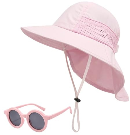 Baby Sun Hat Toddler Kids Boys Girls Wide Brim Beach Pink Hats with Sunglasses UPF 50+ Plain Caps with Neck Flap (3-24 Months, Pink)