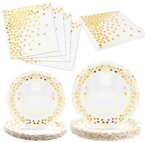 Platos Desechables 60Pcs Juego de Platos de Papel Incluye 20 Platos Llanos 9, 20 Platos de Postre 7 y 20 Servilletas Vajilla Desechable para Boda, Barbacoas, Fiestas y Cumpleaños- Color Dorado