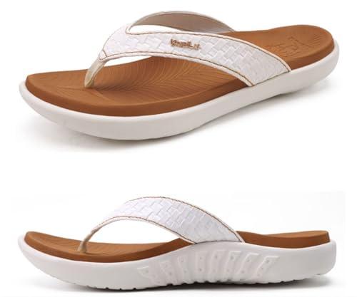 KuaiLu Flip Flops for Women Ladies Yoga Mat Comfortable Sport Walking Thong Sandal With Plantar Fasciitis Arch Support Slip-on Slides Indoor Outdoor For Summer Size 10.5 White Khaki