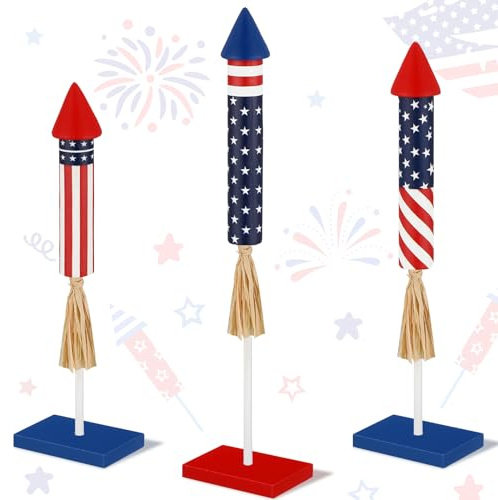 Memorywuu 3 Pcs 4th of July Wood Firecracker Decorations Sign Memorial Day Wooden Firework Table Decor Rustic Rocket 4th of July Decorations Patriotic Tiered Tray Decor for 250th Anniversary