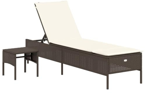 vidaXL Sonnenliege mit Tisch Auflage, Gartenliege mit Stahlrahmen, Relaxliege für Garten Terrasse, Sonnenbett Gartenmöbel, Braun Poly Rattan