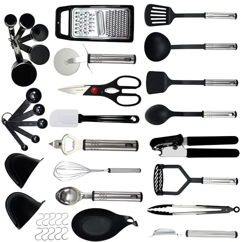 M MSDEE Kitchen Utensils Set - 27 Pcs Cooking Utensils Set Heat Resistant Non Stick Kitchen Set - Turners Gadgets Tools, Stainless Steel Handle Kitchens Accessories Spatula, Ladle, Spoon, Scissors