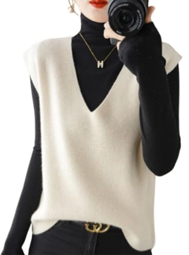 hnomrsk Gilet en Cachemire tricoté, Pull sans Manches à col en V pour Femme, Gilet en Tricot Ample sans Manches (XX-Large,Beige)